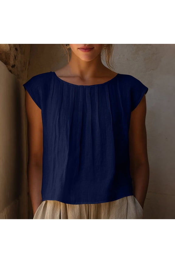 Womens Crop Tops Short Sleeve Cropped Linen T-Shirts Summer Lightweight Casual Blouses Round Neck Solid Short Basic Tees