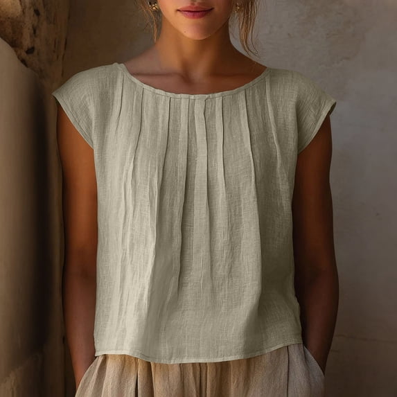 Womens Crop Tops Short Sleeve Cropped Linen T-Shirts Summer Lightweight Casual Blouses Round Neck Solid Short Basic Tees