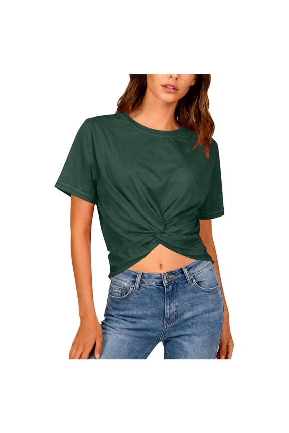 Womens Crop Tops Short Sleeve Round Neck Pullover T - Shirts Summer Fashion Twist Front Tees,Green,XXL