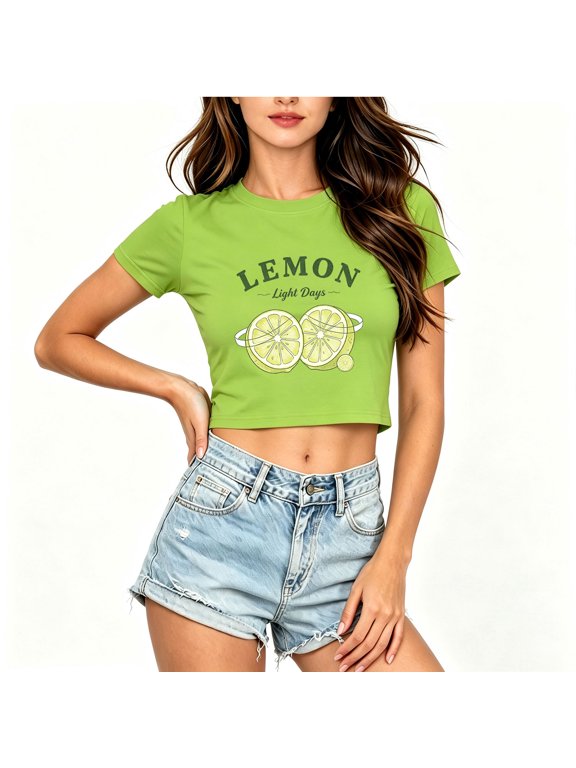 Womens Crop Tops Summer Short Sleeve Graphic T Shirts Cute Teen Girls Tees | Lemon Graphic Crop Tops for Women, Trendy Cropped Tees, Soft Crewneck Casual Loose Blouse, Going out Top, Vacation Clothes