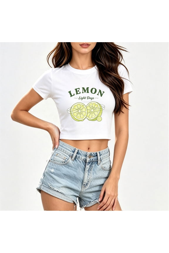 Womens Crop Tops Summer Short Sleeve Graphic T Shirts Cute Teen Girls Tees | Lemon Graphic Crop Tops for Women, Trendy Cropped Tees, Soft Crewneck Casual Loose Blouse, Going out Top, Vacation Clothes