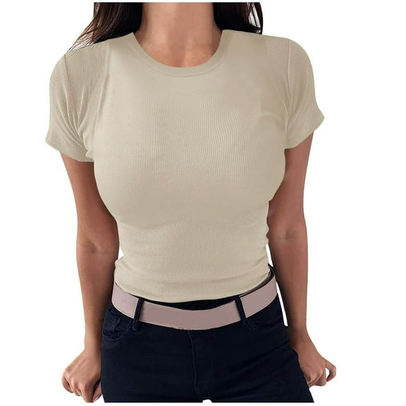 Womens Crop Tops Summer Short Sleeve Y2K Slim Fitted T-Shirt Tops Cute Tight Round Neck Classic Plain Tops Casual Basic Tee Shirts Blouses Spring Going Out Outfits