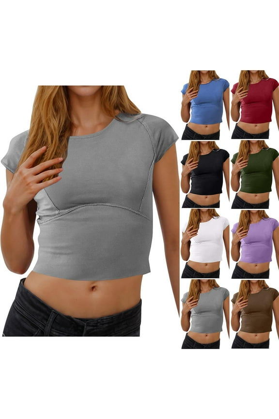 Womens Crop Tops T Shirts Ladies Tops Summer Short Sleeve Shirt Basic Tee Army Green L