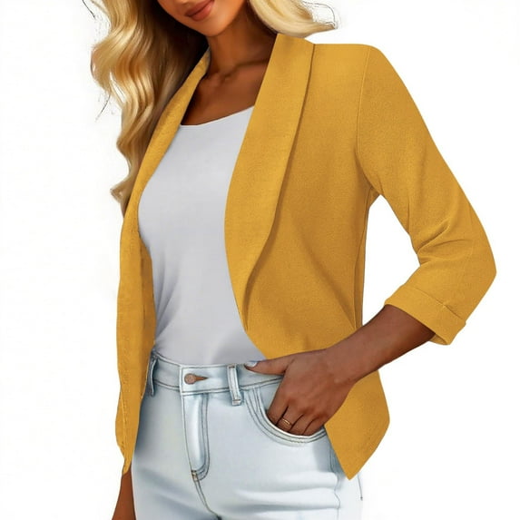Womens Cropped 3/4 Sleeve Blazers Lightweight Open Front Cardigan Jacket Office Work Suits with Pockets