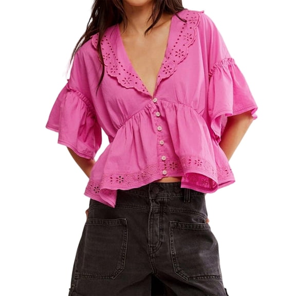 Womens Cropped Babydoll Tops Eyelet V Neck Short Sleeve Tops Casual Spring Outfits for Women 2026 Rose Red M