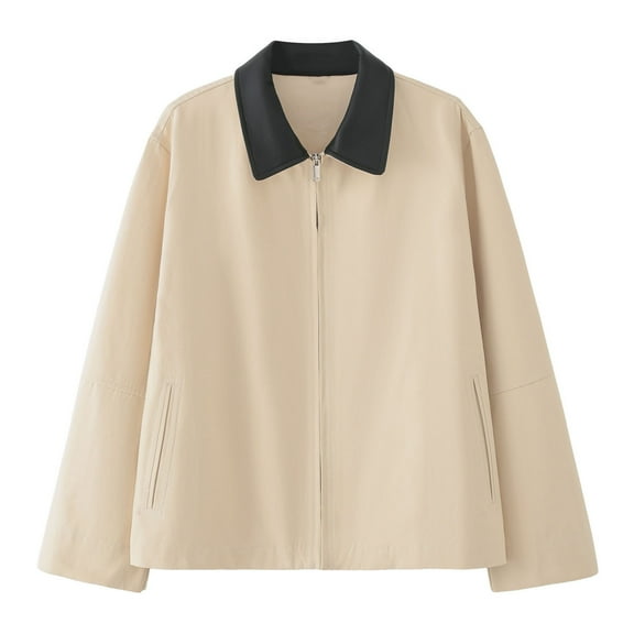 Womens Cropped Barn Jacket Contrast Collar Canvas Jackets Lightweight Utility Coat with Pockets