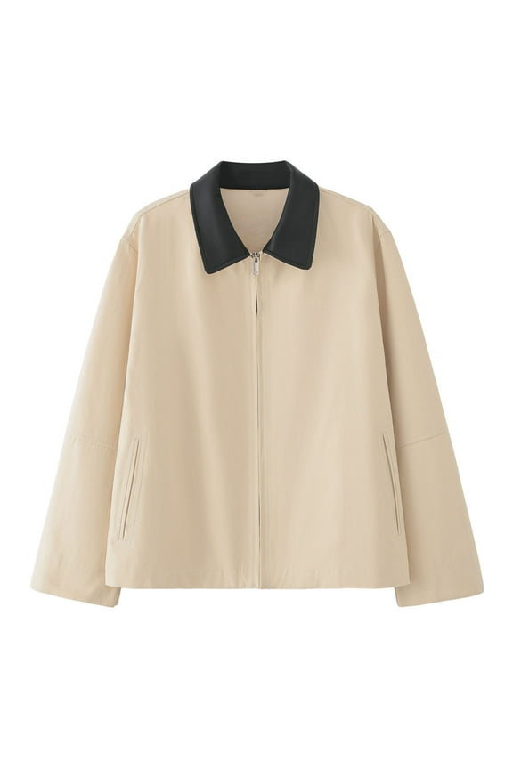 Womens Cropped Barn Jacket Contrast Collar Canvas Jackets Lightweight Utility Coat with Pockets