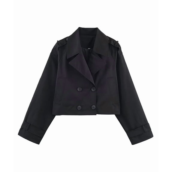 Womens Cropped Bike Jacket Casual Double Breasted Trench Coat Black M