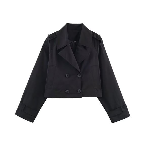 Womens Cropped Bike Jacket Casual Double Breasted Trench Coat Black M