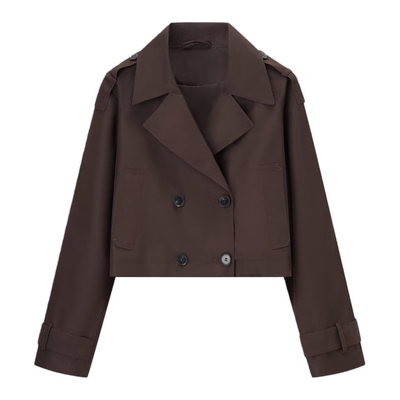 Womens Cropped Bike Jacket Casual Double Breasted Trench Coat Brown S
