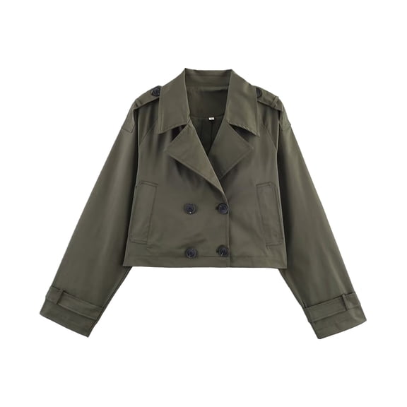 Womens Cropped Bike Jacket Casual Double Breasted Trench Coat Green M