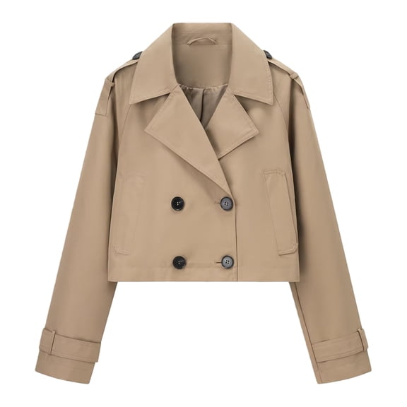 Womens Cropped Bike Jacket Casual Double Breasted Trench Coat Khaki XS