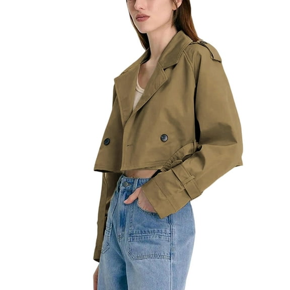 Womens Cropped Bike Jacket Casual Double Breasted Trench Coat with Belt Dark Brown XS
