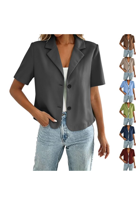 Womens Cropped Blazer Button Down Half Sleeve Jacket Lapel Collar Lightweight Dressy Outfits for Going Out Work Office Fall Fashion, Dark Gray, S