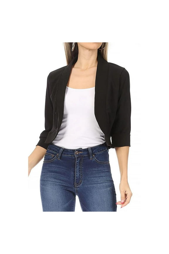 Womens Cropped Blazer Casual Business 3/4 Sleeve Blazer Collarless Blazer Jackets for Women Open Front Cardigan Work Jacket Shrug Suit Jacket