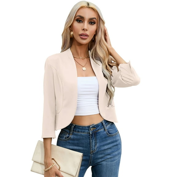 Womens Cropped Blazer Casual Business 3/4 Sleeve Collarless Open Front Cardigan Work Jacket Shrug