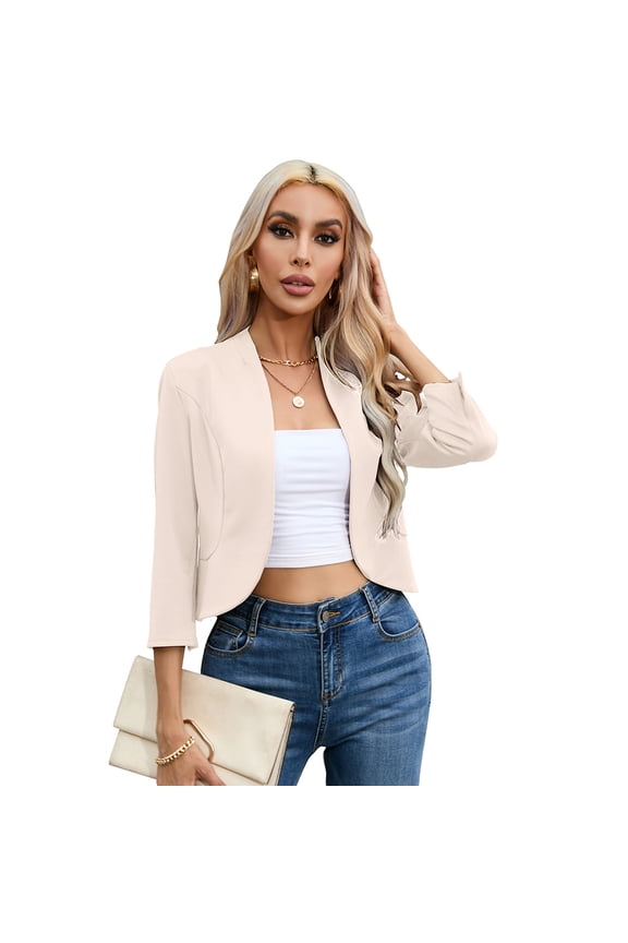 Womens Cropped Blazer Casual Business 3/4 Sleeve Collarless Open Front Cardigan Work Jacket Shrug