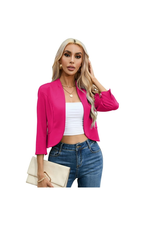 Womens Cropped Blazer Casual Business 3/4 Sleeve Collarless Open Front Cardigan Work Jacket Shrug