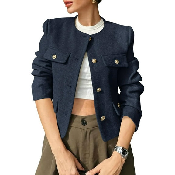 Womens Cropped Blazer Jacket Collarless Button Down Business Casual Fall Outfits Winter Coats Navy Blue L
