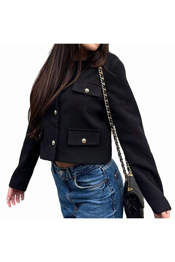Womens Cropped Blazer Jackets Slim Open Front Crew Neck Long Sleeve Casual Work Office Coat with Pockets Black M