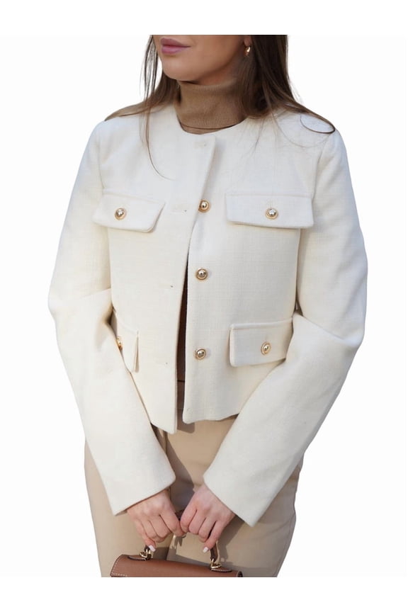 Womens Cropped Blazer Jackets Slim Open Front Crew Neck Long Sleeve Casual Work Office Coat with Pockets White L