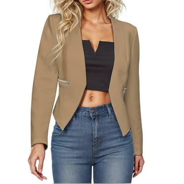 Womens Cropped Blazer Open Front Dress Jacket Casual Office Suit Jacket Work Suit with Zip Pockets
