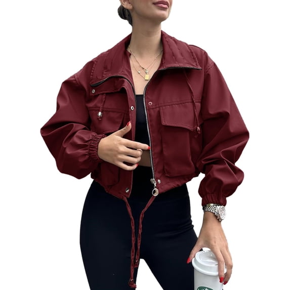 Womens Cropped Bomber Jacket 2026 Trendy Zip Up Lightweight Anorak Coat With Pockets