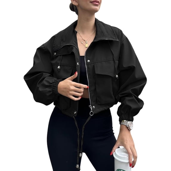 Womens Cropped Bomber Jacket 2026 Trendy Zip Up Lightweight Anorak Coat With Pockets