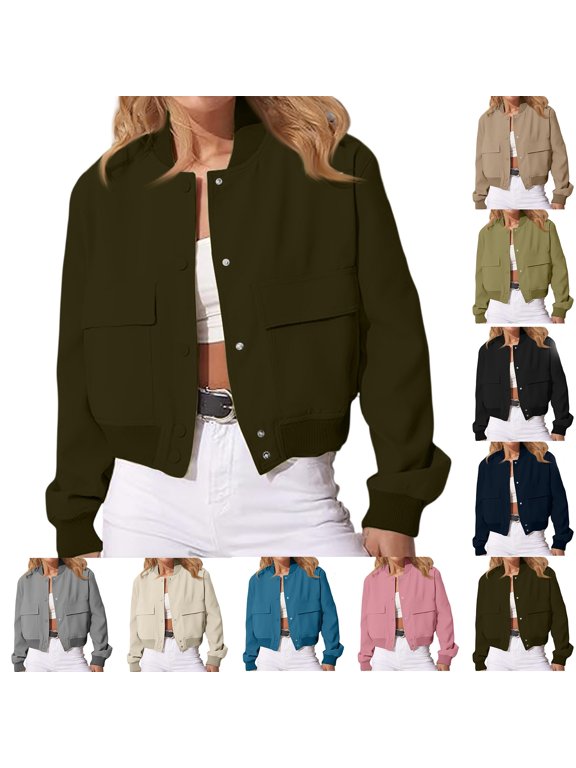 Womens Cropped Bomber Jacket Button Down Varsity Jackets Shackets with Pockets, 2XL