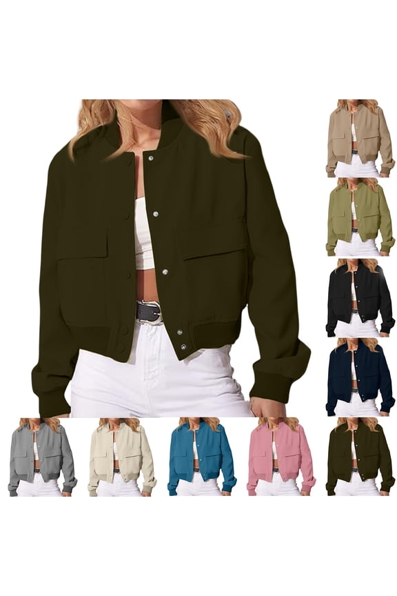 Womens Cropped Bomber Jacket Button Down Varsity Jackets Shackets with Pockets, 2XL