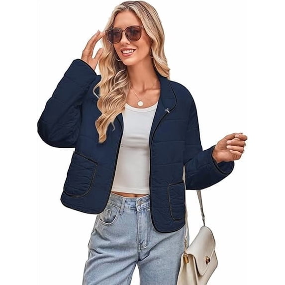 Fiophy Women's Color Block Quilted Puffer Jacket Casual Padded Coat Lightweight Hook and Eye Short Outwear with Patch Pockets