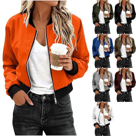 Womens Cropped Bomber Jacket Full Zip Waterproof Windproof UPF 50+ Sun Protection Coat Lightweight Quick Dry for Hiking Travel, Orange, M