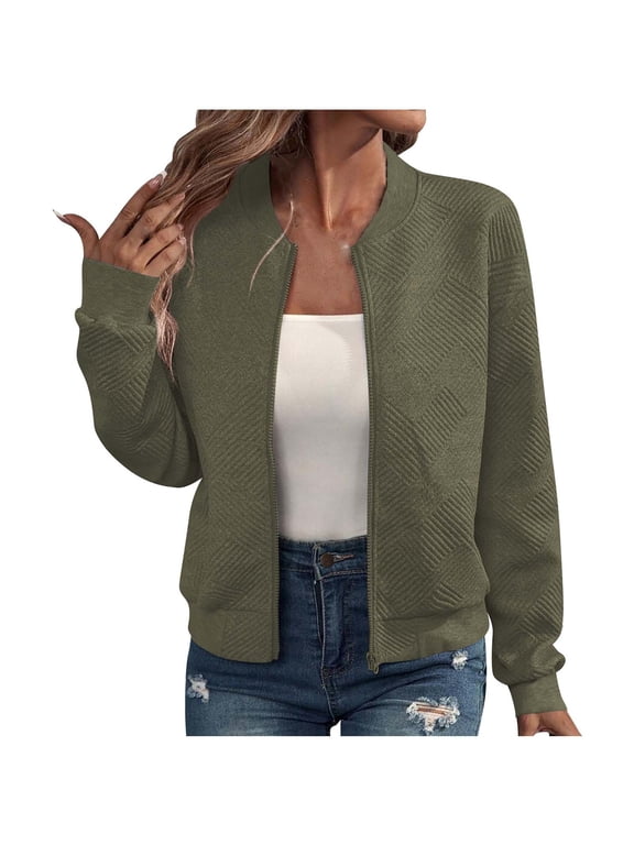 Womens Cropped Bomber Jacket Lightweight Zip Up Jacket No Hood Women Long Sleeve Stand Collar Coat with Pockets (Army Green L)