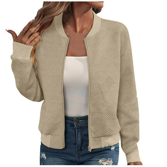 Womens Cropped Bomber Jacket Lightweight Zip Up Jacket No Hood Women Long Sleeve Stand Collar Coat with Pockets (Beige 2XL)