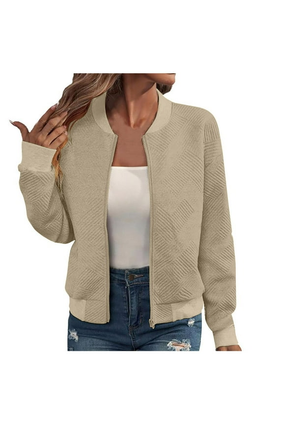 Womens Cropped Bomber Jacket Lightweight Zip Up Jacket No Hood Women Long Sleeve Stand Collar Coat with Pockets (Beige 2XL)