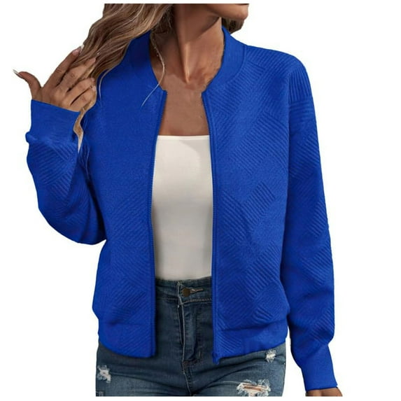 Womens Cropped Bomber Jacket Lightweight Zip Up Jacket No Hood Women Long Sleeve Stand Collar Coat with Pockets (Blue XL)