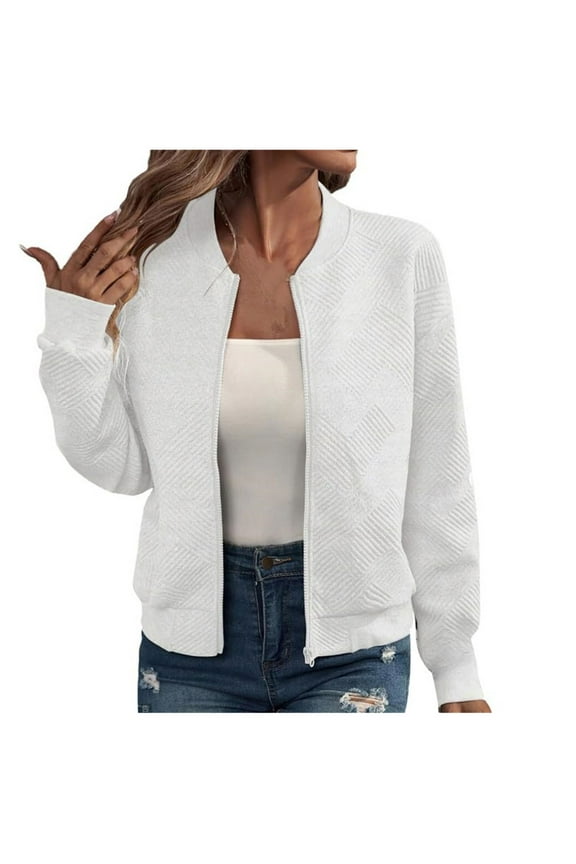 Womens Cropped Bomber Jacket Lightweight Zip Up Jacket No Hood Women Long Sleeve Stand Collar Coat with Pockets (White XL)