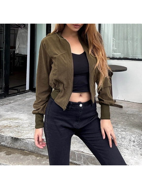 Womens Cropped Bomber Jacket Zip Up Varsity Jackets Shackets with Pockets Brown S
