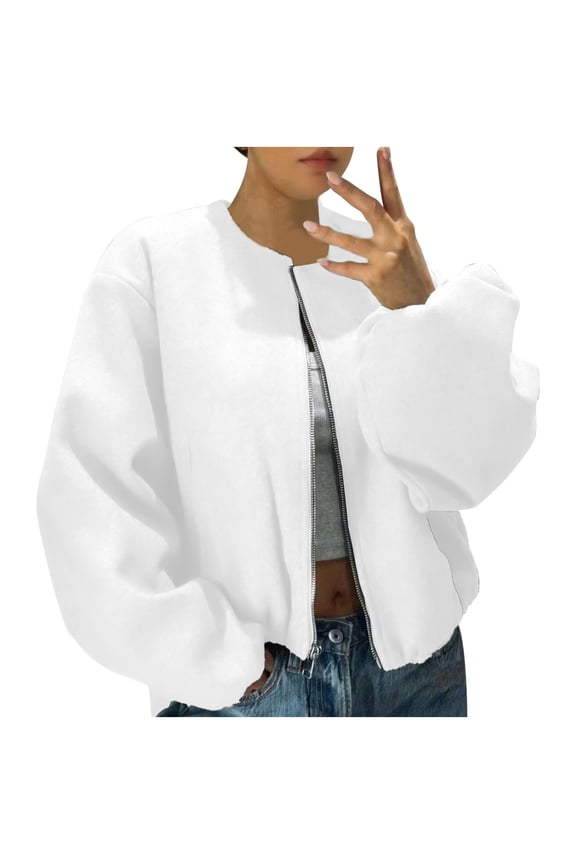 Womens Cropped Bomber Jackets Trendy Casual Collarless Long Sleeve Pea Coat Zip Up Fall Crop Jacket