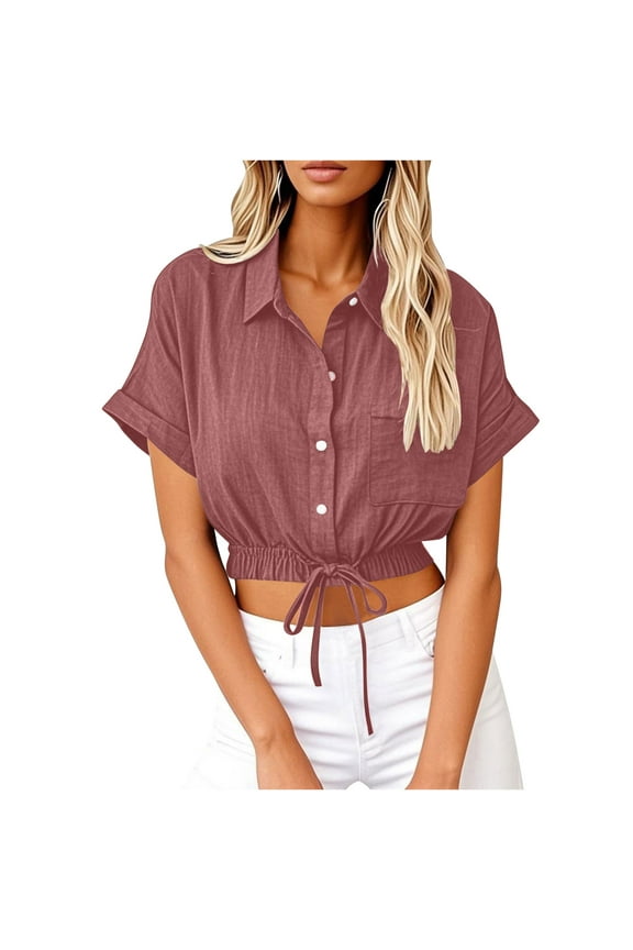 Womens Cropped Button Down Shirt Blouse Short Sleeve Casual Loose Fit Tops Summer Trendy Crop Shirts