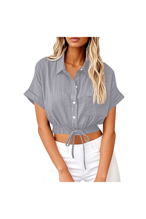 Womens Cropped Button Down Shirt Blouse Short Sleeve Casual Loose Fit Tops Summer Trendy Crop Shirts