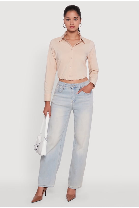 Womens Cropped Button Front Elastic Hem Blouse