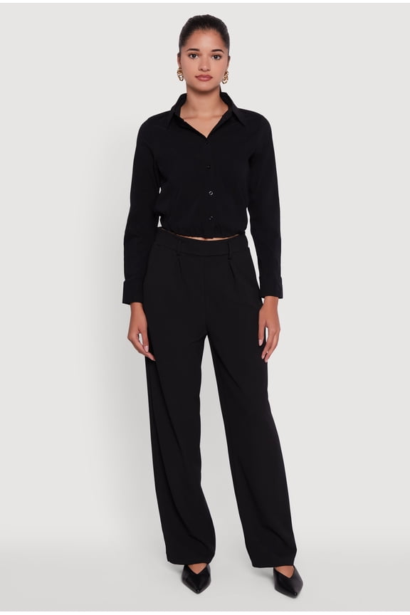 Womens Cropped Button Front Elastic Hem Blouse