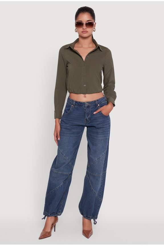 Womens Cropped Button Front Elastic Hem Blouse