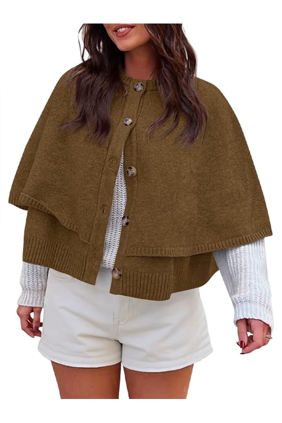 Womens Cropped Cape Cardigan Button Up Crew Neck Jacket Shawl Fall Trendy Knit Sweater