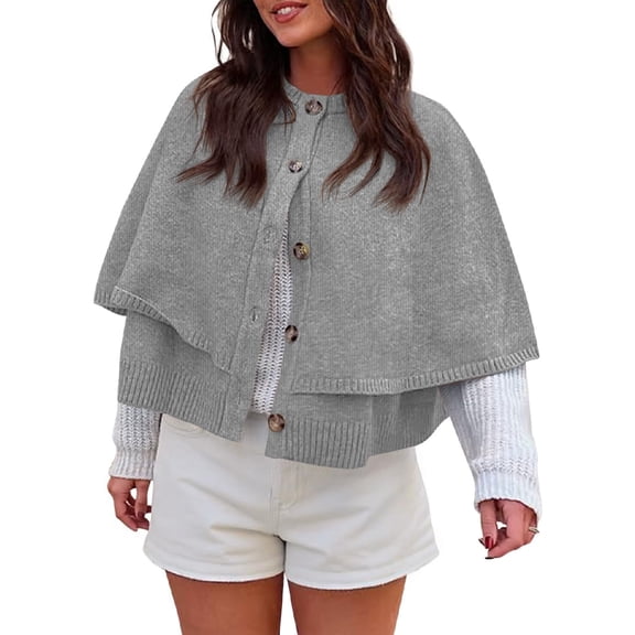 Womens Cropped Cape Cardigan Button Up Crew Neck Jacket Shawl Fall Trendy Knit Sweater