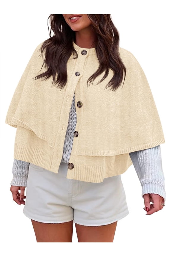 Womens Cropped Cape Cardigan Button Up Crew Neck Jacket Shawl Fall Trendy Knit Sweater