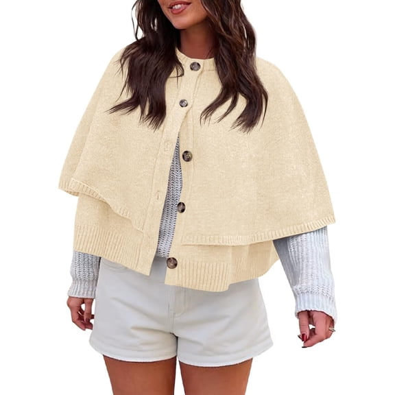Womens Cropped Cape Cardigan Button Up Crew Neck Jacket Shawl Fall Trendy Knit Sweater