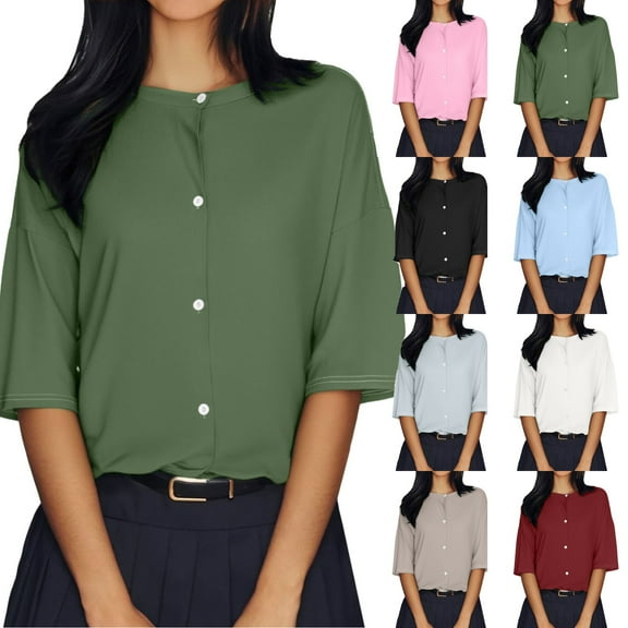 Womens Cropped Cardigan Shirt Half Sleeve Button Down Oversized Lightweight Ribbed Knit Top