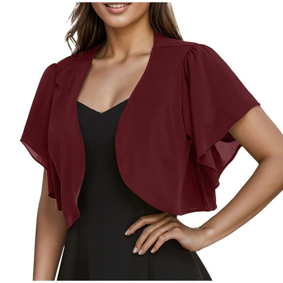 Womens Cropped Cardigan Short Sleeves Mesh Ruffled Lightweight Cardigans Casual Lounge Chiffon Spring Shawl Tops